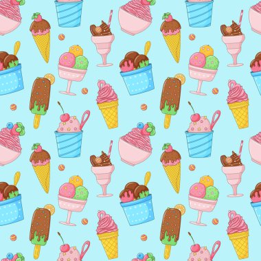 Karikatürlü, parlak dondurma, buzlu dondurma, çilek ve çikolatalı yaz deseni. Paket kağıdı, kumaş, duvar kağıdı tasarımı. Tatlı yaz yemeği. Mavi arkaplanda vektör renkli çizimler.