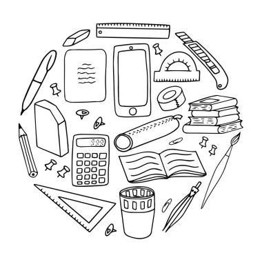 Bir kırtasiye seti. Siyah ve beyaz vektör çizimi. Elementler elle çizilmiş ve beyaz bir arkaplanda izole edilmiş. İş, okul ve yaratıcılık için ofis malzemeleri. Doodle tarzı.