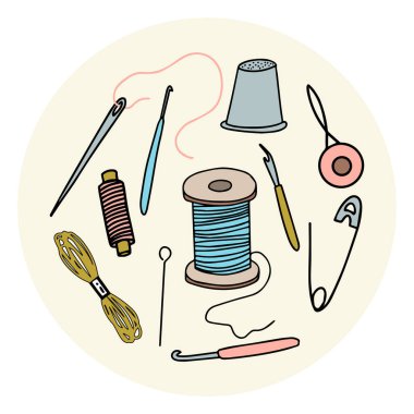 Dikiş teması üzerine elementler. Karalama stilinde renkli vektör çizimi. Nesneler beyaz arka planda izole edilir. İğne, iplik, iğne, kanca, deşici, yüksük. Elle çizilmiş