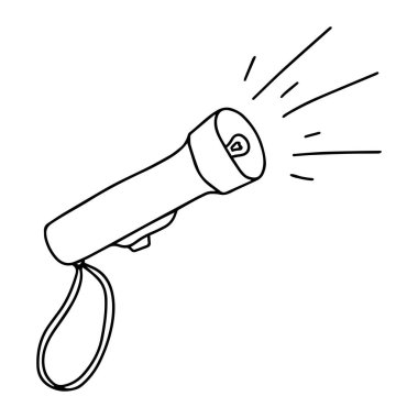 Pille çalışan el feneri. Kamp malzemeleri. Lambayı yaktım. Siyah ve beyaz vektör çizimi. Elle çizilmiş, beyaz bir arkaplanda izole edilmiş.