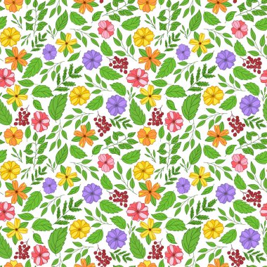 Parlak çiçeksiz desen. Çiçekler, dallar, yapraklar. Renkli vektör çizimi. Bahar, yaz ambalaj kağıdı ve tekstil tasarımı. Vuruşlu elementler birbirine sıkıca bağlanır, elle çizilir.