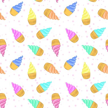 Kremalı keklerle kusursuz desen. Şekerlemenin renkli parlak vektör çizimi. El yapımı. Paketleme, pasta, kumaş baskısı için tasarım. Tatlı tatlı, çeşitli renkte hamur işleri.