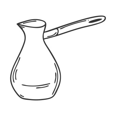 Türk kahvesine Doodle usulü. Mutfak aletleri, kahve yapmak için aletler. Paketleme, menüler ve tarifler için tasarım elemanı. Beyaza el çizimi ve izole edilmiş. Siyah ve beyaz vektör.