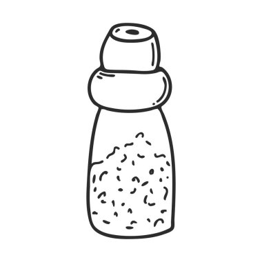 Karalama tarzında değirmenli cam biber karıştırıcı. Mutfak aletleri, envanter. Dergi tasarımı, ambalaj, menüler, tarifler için elementler. Beyaza el çizimi ve izole edilmiş. Siyah ve beyaz vektör