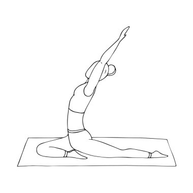 Genç bir kız Hatha yogası yapıyor. Hint kültürü. Jimnastik, sağlıklı yaşam tarzı. Doodle tarzı. Siyah ve beyaz vektör çizimi. El çizimi, beyaz arka planda izole edilmiş..