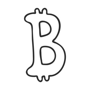 Doodle tarzı bir bitcoin sembolü. Kripto para birimi. Beyaz bir arka planda el çizimi ve izole edilmiş. Siyah ve beyaz vektör çizimi
