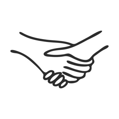 Doodle tarzı bir tokalaşma. Anlaşmanın, anlaşmanın ya da finansal işlemin sembolü. Beyaz bir arka planda el çizimi ve izole edilmiş. Siyah ve beyaz vektör çizimi