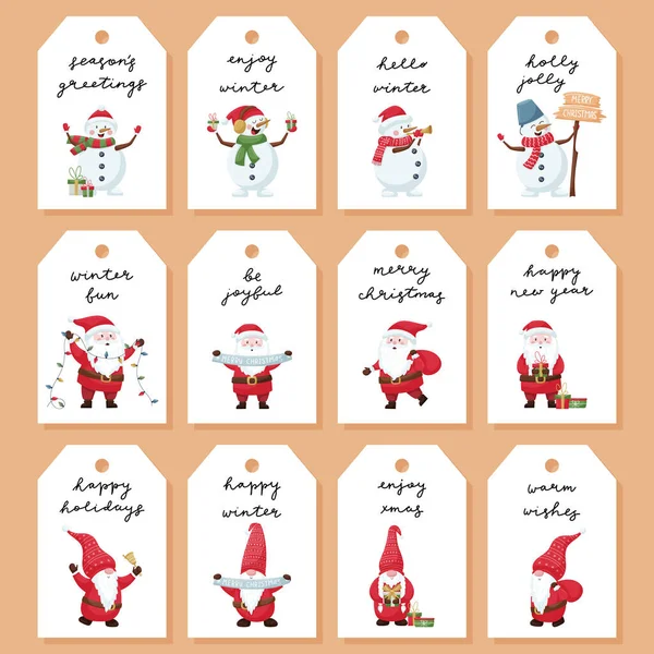 Set Gift Tags Labels Cute Christmas Characters Santa Snowman Gnome — Stock Vector