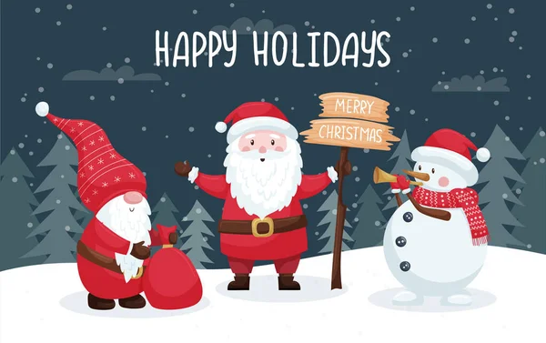 Karlı bir ormanda sevimli gülümseyen karakterlerin olduğu bir Noel kartı. Noel baba, kardan adam ve hediyeli cüce iyi tatiller diler. Düz çizgi film karakterleriyle koyu arkaplan üzerinde renk vektörü çizimi