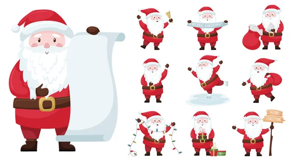 Набор Милый Мультяшный Рождественский Санта Красном Костюме Шляпе Перевозит Подарки — стоковый вектор