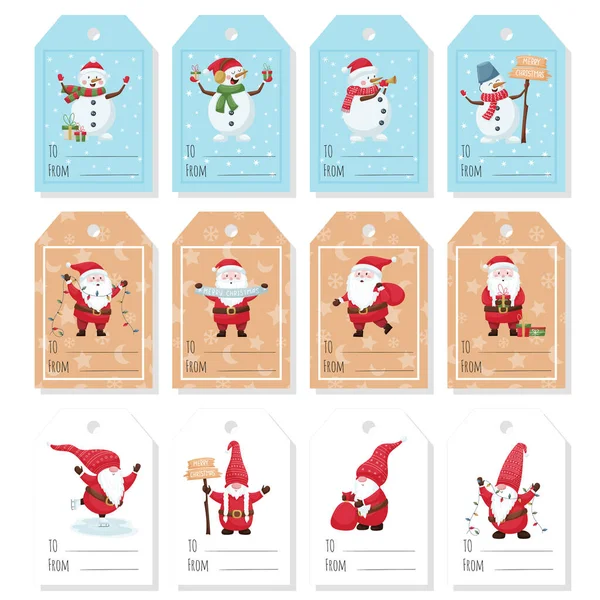 Set Gift Tags Labels Cute Christmas Characters Santa Snowman Dwarf — Stock Vector
