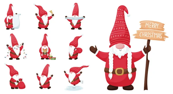Set Christmas Gnomes Red Suit Hat Holding Gift Garland Scroll — Stock Vector