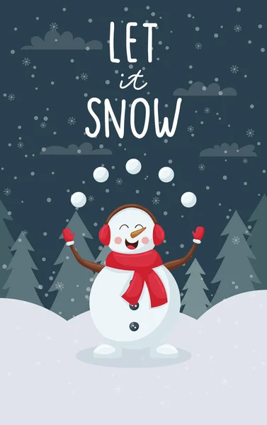 Vertikale Winter Grußkarte Netter Cartoon Schneemann Jongliert Schneebälle Einem Verschneiten — Stockvektor