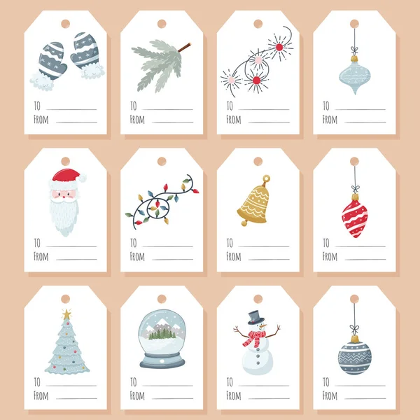 Set Gift Tags Labels Christmas Attributes Elements White Background Printable — Stock Vector