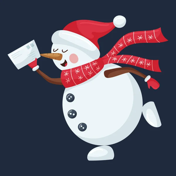 Симпатичный Снеговик Шляпе Узорчатый Шарф Бежит Письмом Санты Руках Рождественский — стоковый вектор