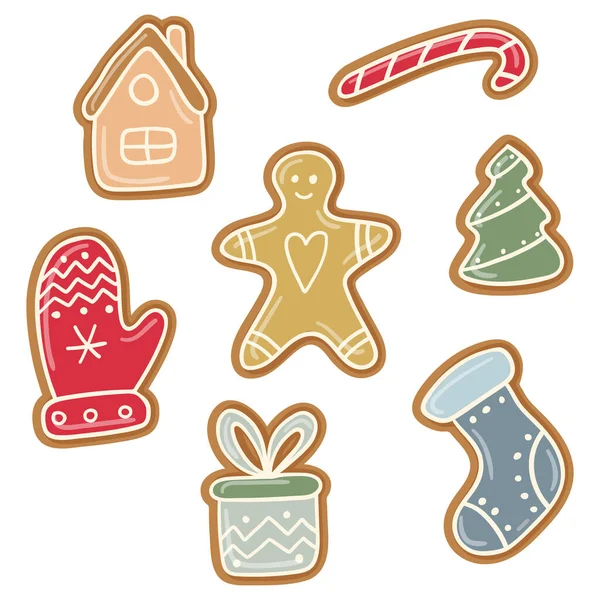 Set Christmas Ginger Cookies Multicolored Cream Icing Design Elements Hand — Stock Vector