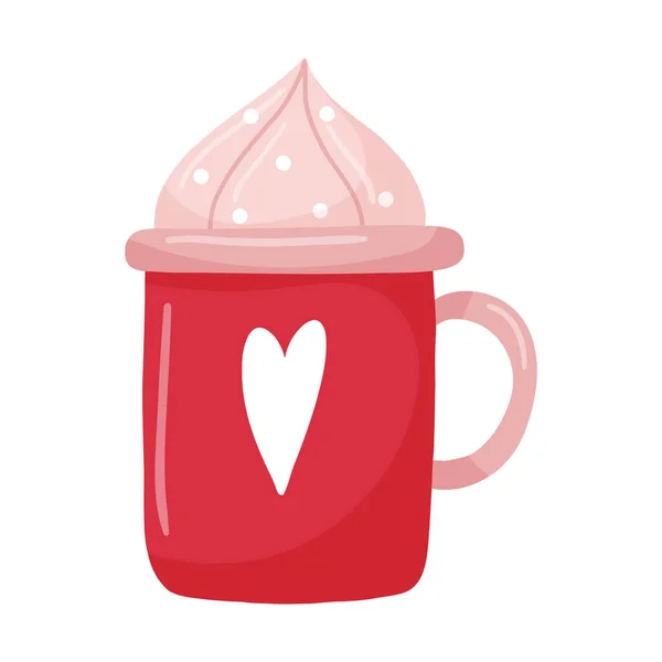 一个有心脏的红色杯子 一个手绘平杯 配上热饮和奶油 设计元素在白色背景上被隔离 彩色矢量插图 — 图库矢量图片