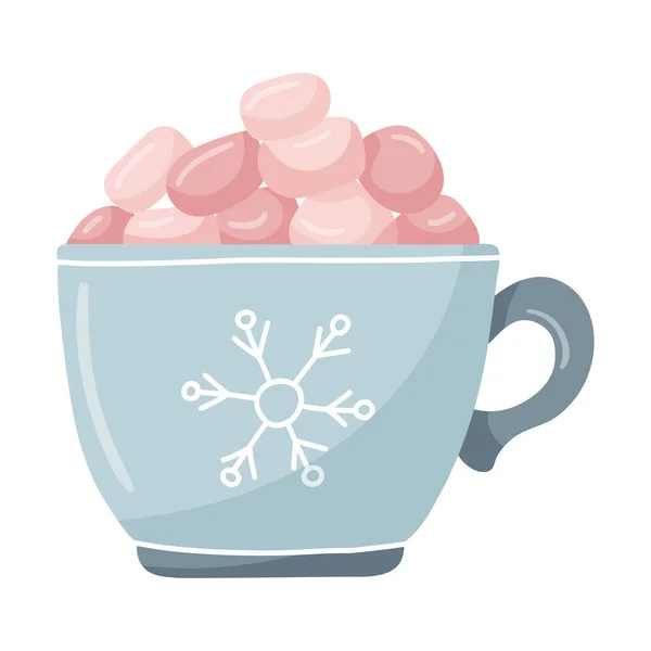 一个蓝色的杯子 上面有雪花和粉色棉花糖 手绘扁平的冬季杯 配有热饮 设计元素在白色背景上被隔离 彩色矢量插图 — 图库矢量图片