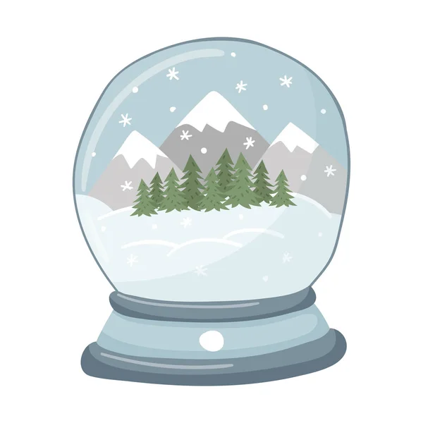 Una Bola Nieve Con Montañas Ventisqueros Bosques Copos Nieve Atributo — Vector de stock