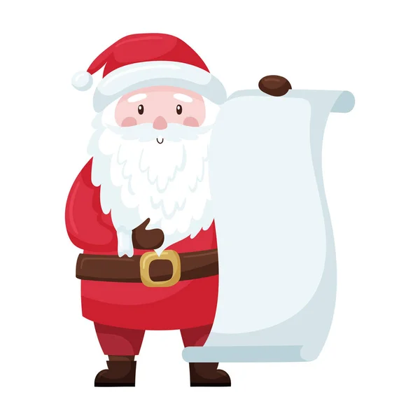 赤いスーツと帽子のかわいい漫画クリスマスサンタは展開スクロール テキストのための空のスペースを持つパピルスを保持しています 愛らしいキャラクターが笑っています フラットスタイル 白に隔離されてる ベクトル — ストックベクタ