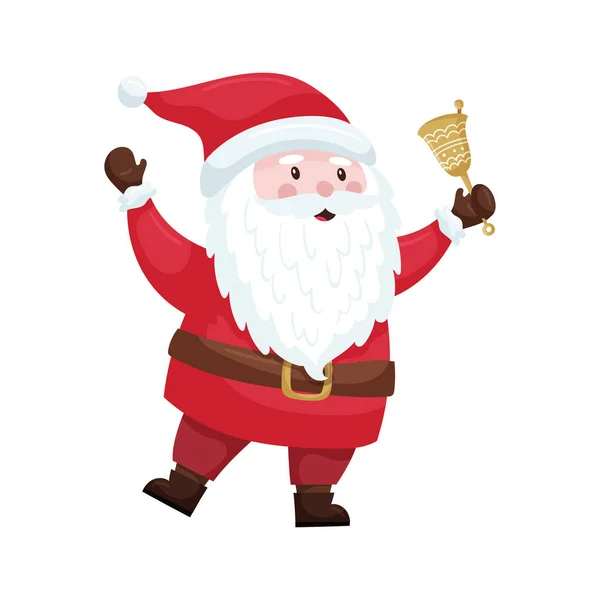 Симпатичный Мультяшный Рождественский Санта Красном Костюме Шляпе Держит Желтый Колокол — стоковый вектор