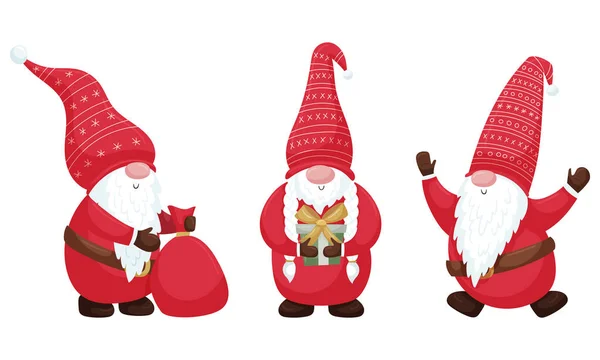 Una Serie Gnomi Natale Vestito Rosso Cappello Tenere Mano Regalo — Vettoriale Stock