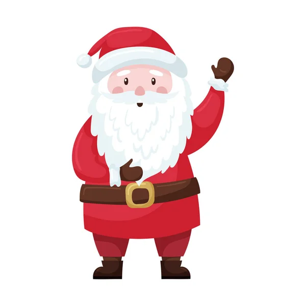 Симпатичный Мультяшный Рождественский Санта Красном Костюме Шляпе Стоит Машет Рукой — стоковый вектор