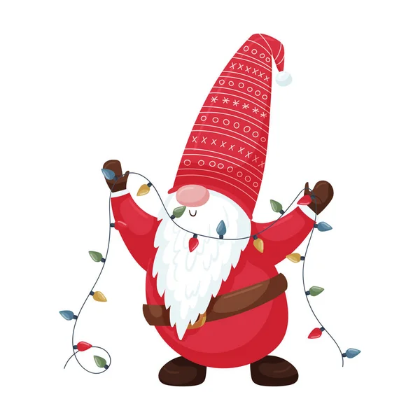 Рождественский Гном Бородой Красной Шляпе Держит Праздничную Гирлянду Лампочками Руках — стоковый вектор