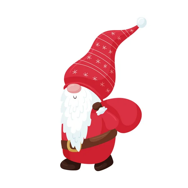 Рождественский Гном Бородой Красной Кепке Варежки Несет Сумку Подарками Новогодний — стоковый вектор