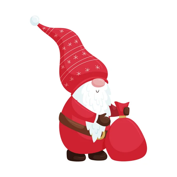 Рождественский Гном Красной Кепке Снежинками Варежками Пакетом Подарков Новогодний Симпатичный — стоковый вектор