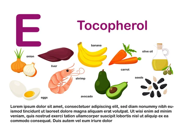 ビタミンEを含む食品と長方形のポスター トコフェロール 健康的な食事 インフォグラフィック 名前のある製品 白い背景に隔離されたフラット漫画の食品イラスト — ストックベクタ