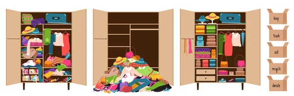 一堆衣服 一个放着衣服的衣柜 一个放着整齐摆放在架子上的东西的衣柜 有题词的盒子 再循环 彩色矢量插图 — 图库矢量图片