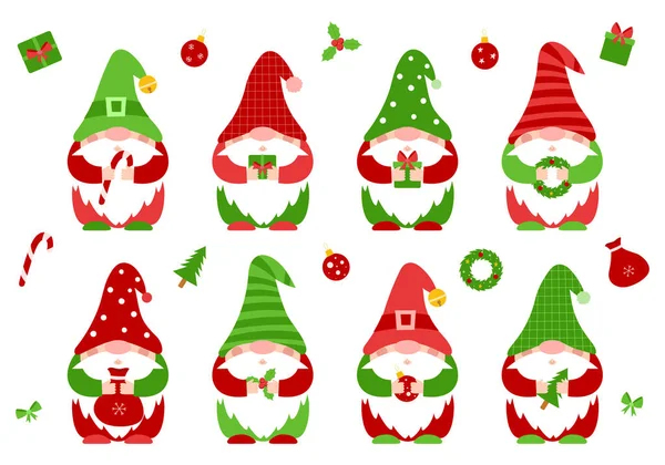 Ein Set Kleiner Weihnachtszwerge Roten Grünen Kleidern Und Hüten Die — Stockvektor