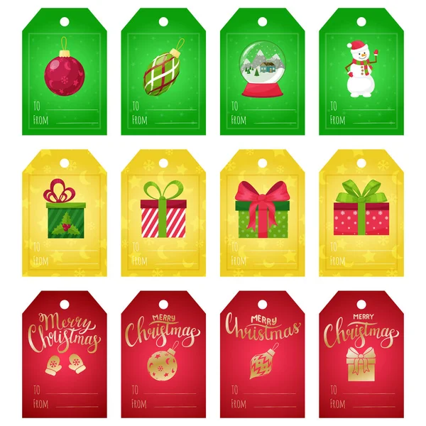 Een Set Cadeauetiketten Voor Kerstcadeaus Tags Met Nieuwjaarselementen Sneeuwbol Sneeuwpop — Stockvector