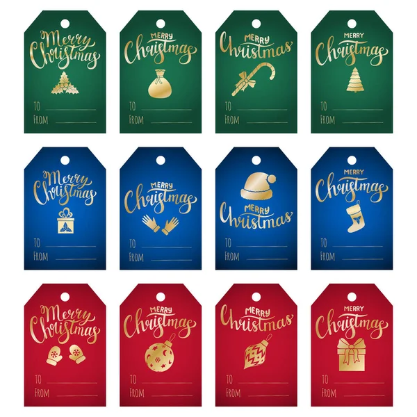 Set Gift Tags Christmas Gifts Golden Gradient Silhouettes Christmas Elements — Stock Vector