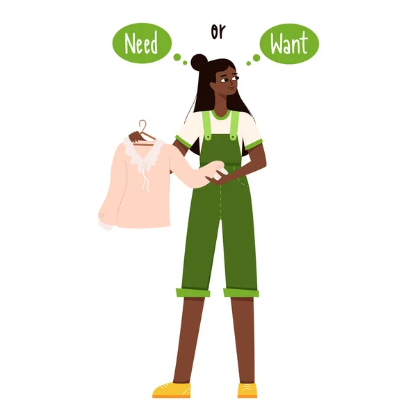 一个皮肤深色的年轻女孩拿着一件衬衫 认为她需要或想要它 合理消费 过度消费 有意识地选择衣服的主题 — 图库矢量图片