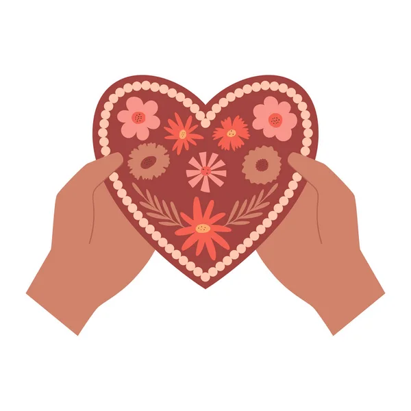 Человеческие Руки Дают Валентинку Форме Сердца Цветочным Узором Символ Любви — стоковый вектор