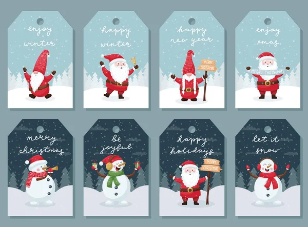 Set Gift Tags Cards Labels Cute Cartoon Characters Background Winter — Stock Vector