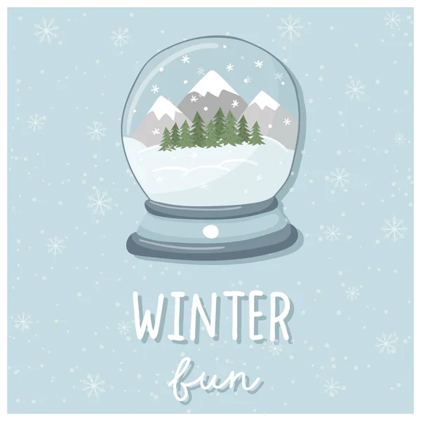 Eine Grußkarte Niedliche Handgezeichnete Schneekugel Mit Winterwald Und Handgeschriebenen Wörtern — Stockvektor