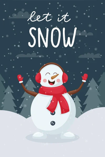 Weihnachtsgrußkarte Vorhanden Ein Schneemann Jongliert Nachts Winterwald Mit Schneebällen Verschneite — Stockvektor