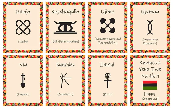 İçinde Kwanzaa ilkelerinin yedi işareti olan bir kart seti. Swahili dilinde isimleri olan sembol. Geleneksel renklerde etnik Afrika desenli bir poster. Vektör illüstrasyonu