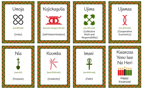 İçinde Kwanzaa ilkelerinin yedi işareti olan bir kart seti. Swahili dilinde ve tanımlı semboller. Geleneksel renklerde etnik Afrika desenli bir poster. Vektör illüstrasyonu