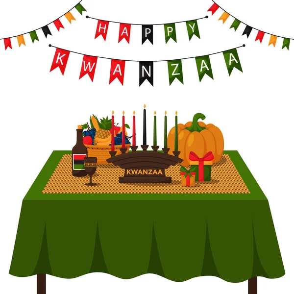 Glückliche Kwanzaa Ein Festlicher Tisch Mit Geflochtener Matte Einheitsbecher Kinara — Stockvektor