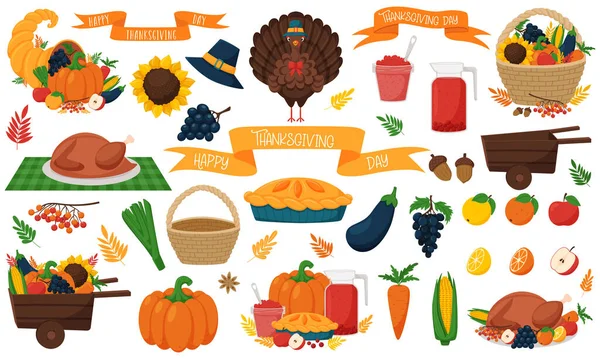 Een Set Elementen Composities Met Thanksgiving Symbolen Turkije Mand Met — Stockvector