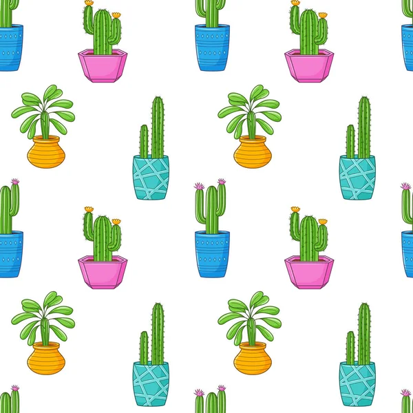 Farklı kaktüslerle kusursuz desenler, parlak saksıda sulu bitkiler. Cacti çizgi filmi. Ev bitkilerinin el çizimi geçmişi. Beyaz arkaplanda vektör illüstrasyonu