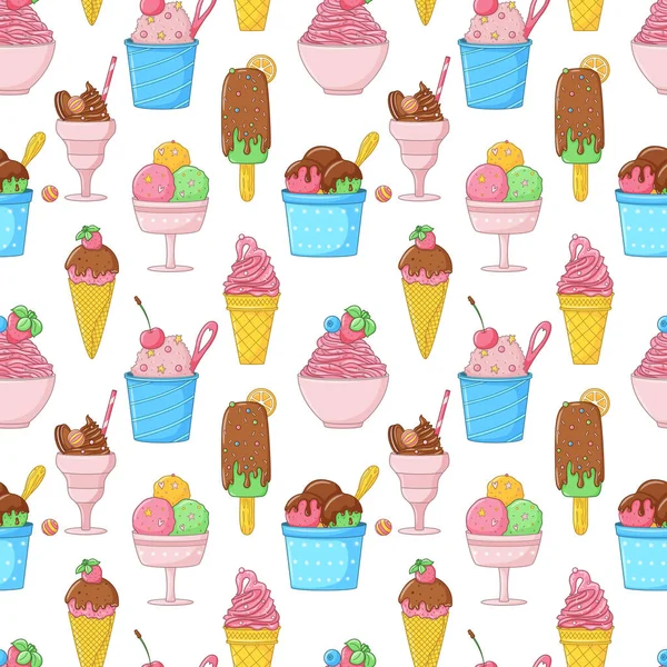 漫画明るいアイスクリーム アイス ポプシクル ストロベリー チョコレートと夏のシームレスなパターン 包装紙 壁紙デザイン 甘い夏の食べ物 白い背景のベクトルカラフルなイラスト — ストックベクタ