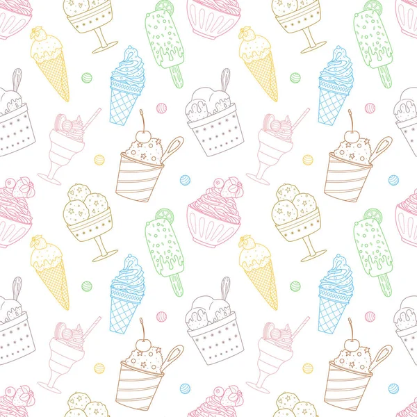 アウトラインの異なるアイスクリーム アイス ポプシクル ワッフルコーン ホイップフード付きのボウルとシームレスなパターン 甘い夏のデザート 白地に手描きカラーリニアベクトルイラスト — ストックベクタ