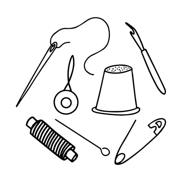 Reihe Von Elementen Zum Thema Handarbeit Schwarz Weiße Vektorillustration Doodle — Stockvektor
