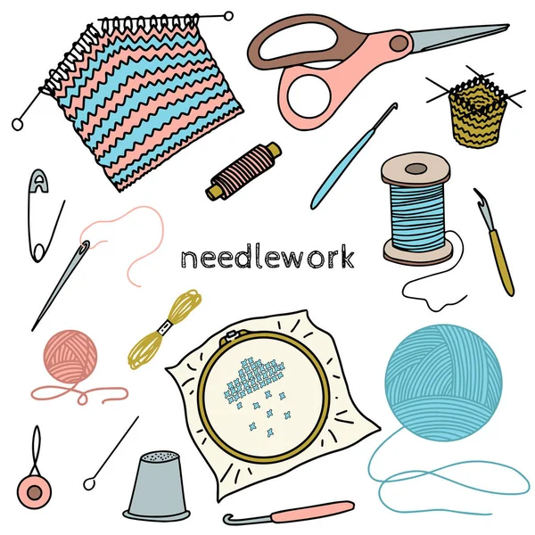 Set Elements Theme Needlework Color Vector Illustration Doodle Style Objects — 스톡 벡터