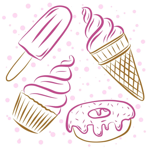 カラーベクトルイラスト カップケーキ ホーン アイス ドーナツのセット 白い背景に手描きで要素を分離 お菓子 ナプキン メニューのデザインのためのオブジェクト — ストックベクタ